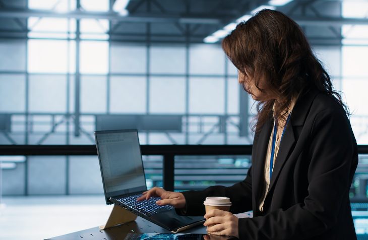 Žena drži kafu i radi na laptopu