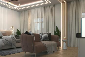 Moderan dnevni prostor sa linijskim plafonskim svetlima i sofom