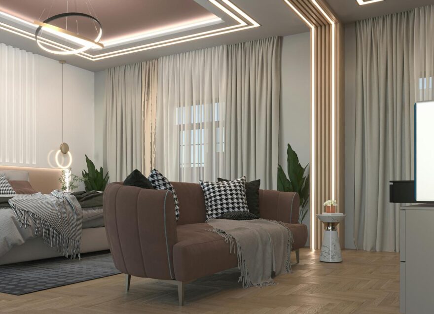 Moderan dnevni prostor sa linijskim plafonskim svetlima i sofom