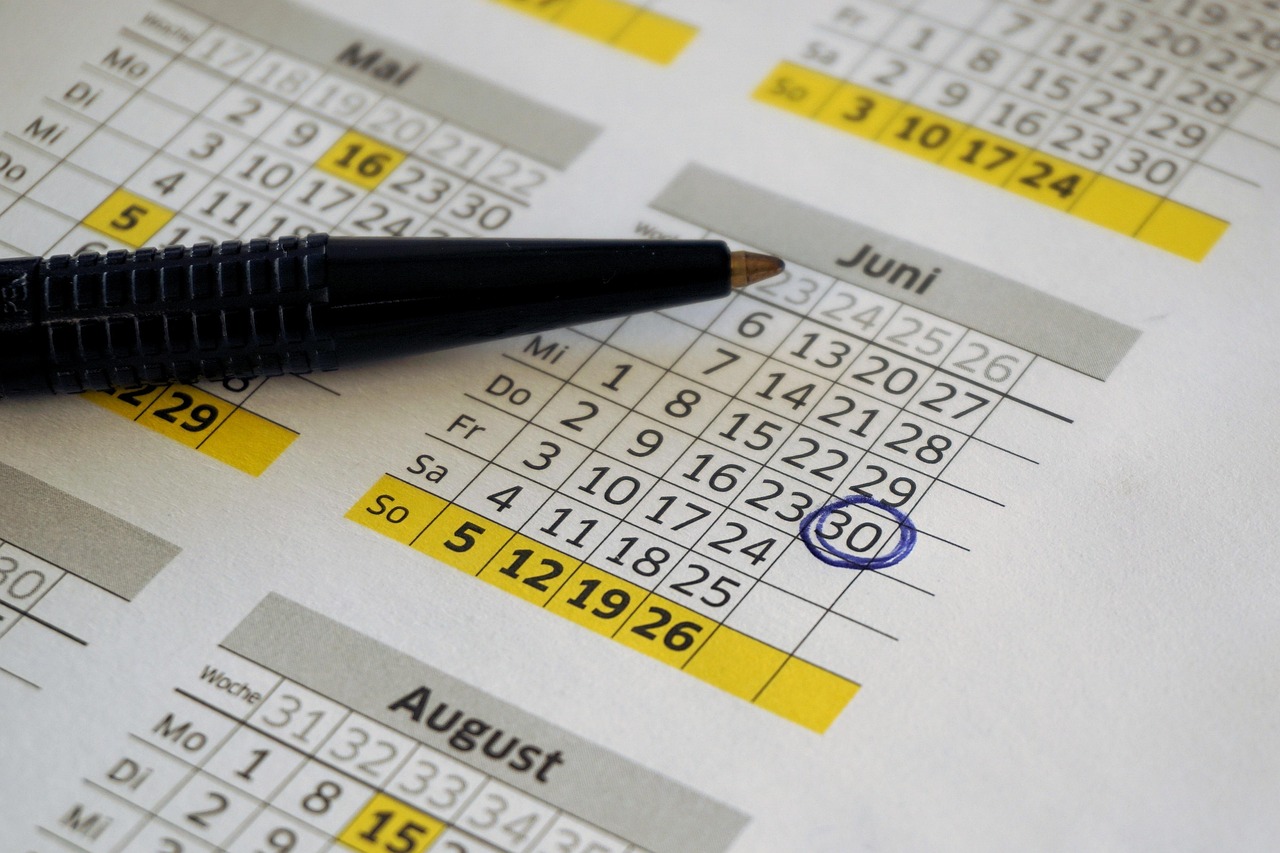 Hemijska olovka pokazuje na zakruženi datum 30 u kalendaru za jun