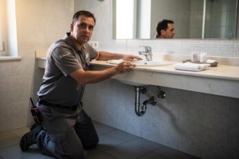 Osoba kleči i proverava cevi ispod lavaboa u kupatilu