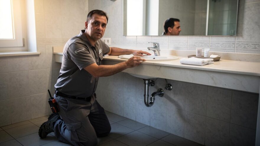 Osoba kleči i proverava cevi ispod lavaboa u kupatilu