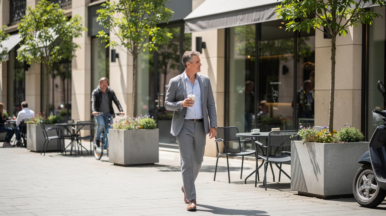 Muškarac u sivom odelu hoda trotoarom držeći šolju kafe