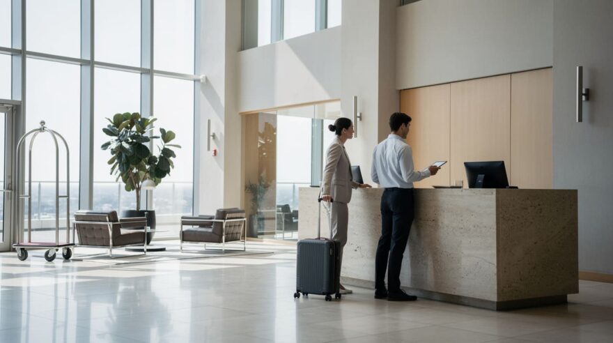 Par u poslovnoj odeći kod hotelske recepcije, žena vuče kofer dok muškarac drži tablet
