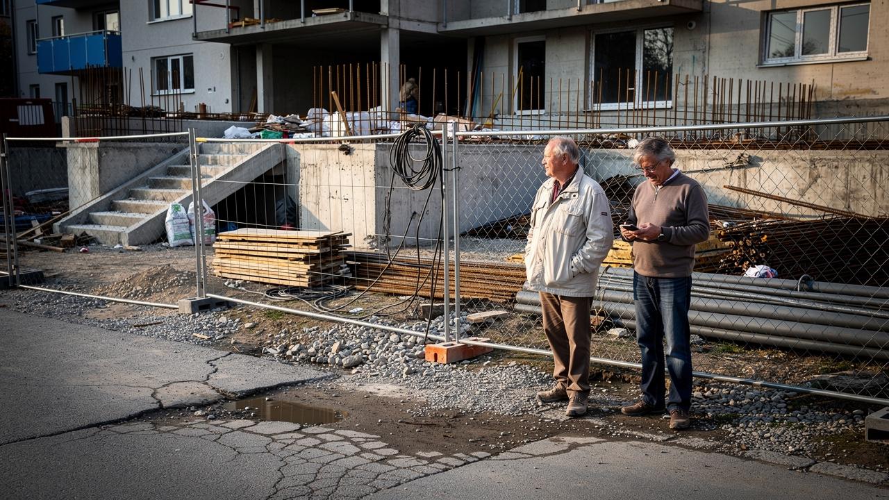Dva starija muškarca stoje pored gradilišta jedan gleda u daljinu drugi koristi mobilni telefon