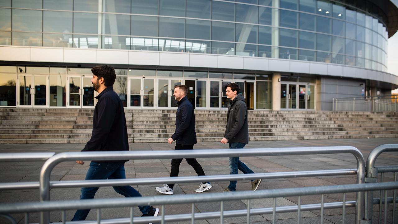Tri muškarca hodaju pored metalne ograde ispred zgrade sa staklenom fasadom