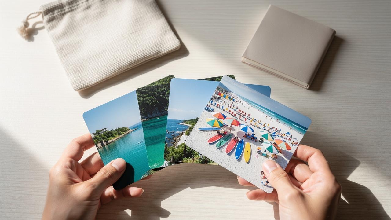 Ruke drže razglednice sa fotografijama plaže i tirkiznog mora