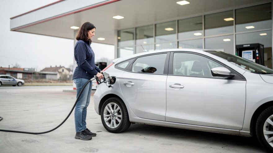 Žena toči gorivo u srebrni automobil na benzinskoj pumpi