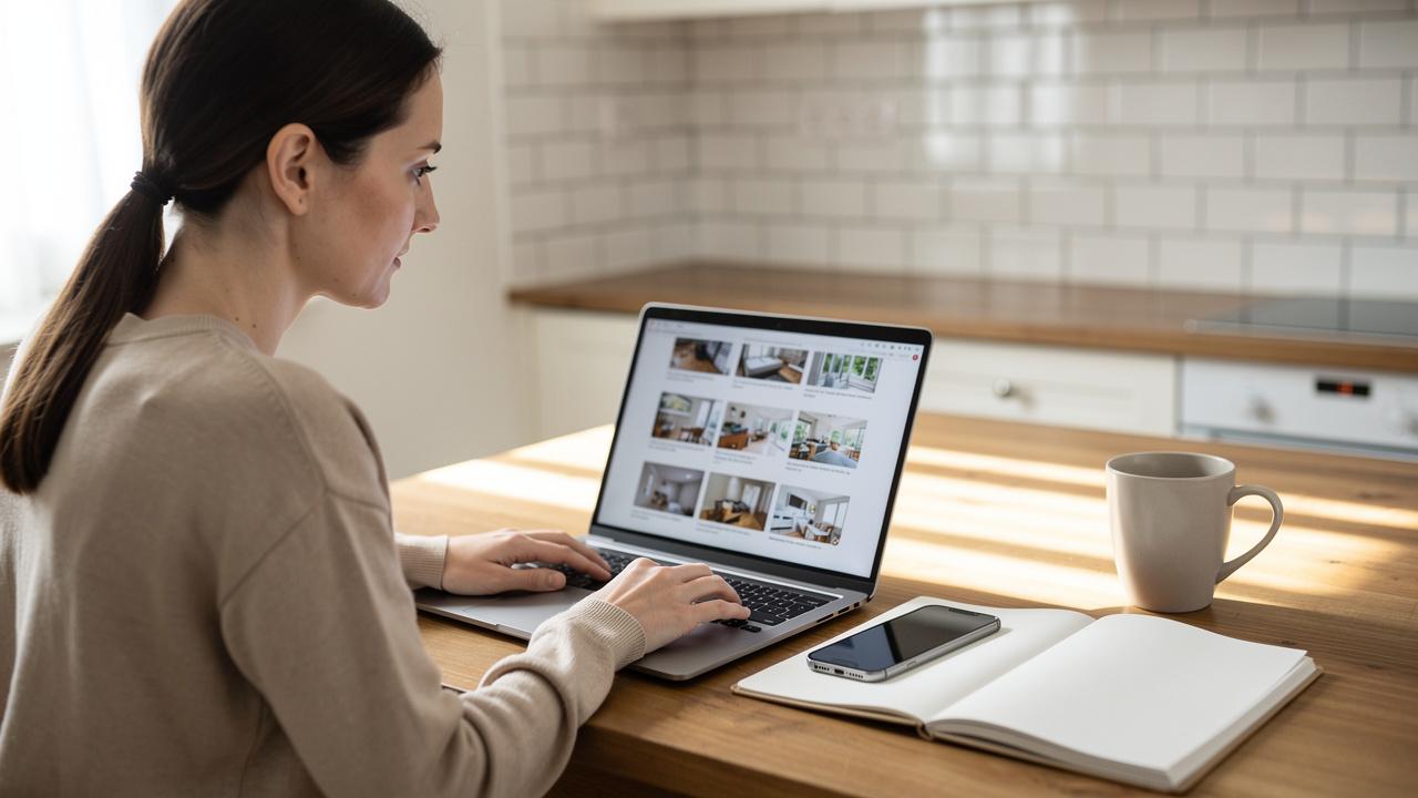Žena sedi za kuhinjskim stolom i radi na laptopu pored telefona, sveske i šolje